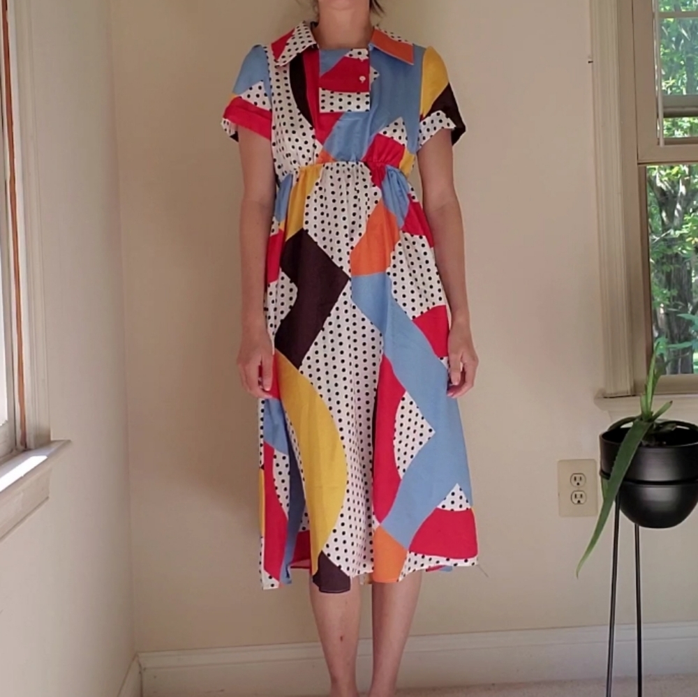 (Sold ) - Funky Geometric Mixed Print Collared Midi Dress